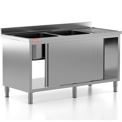 Chiuveta - Spalator profesional din inox, 2 cuve pe stanga, dulap cu usi glisante, 1600x700x850 mm