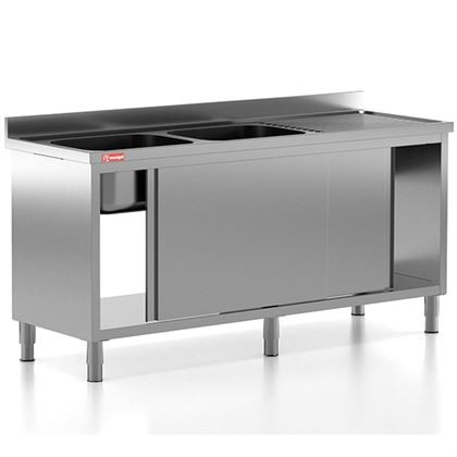 Chiuveta - Spalator profesional din inox, 2 cuve pe stanga, dulap cu usi glisante, 1800x700x850 mm