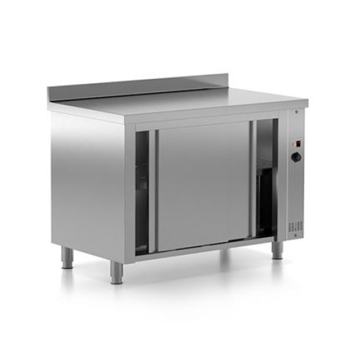 Masa calda inox, de lucru, tip dulap cu usi glisante, cu rebord, dimensiuni 1200x600x880 mm