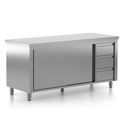 Masa inox de lucru, tip dulap cu usi glisante si 3 sertare, inox AISI304, dimensiuni 1600x600x880 mm