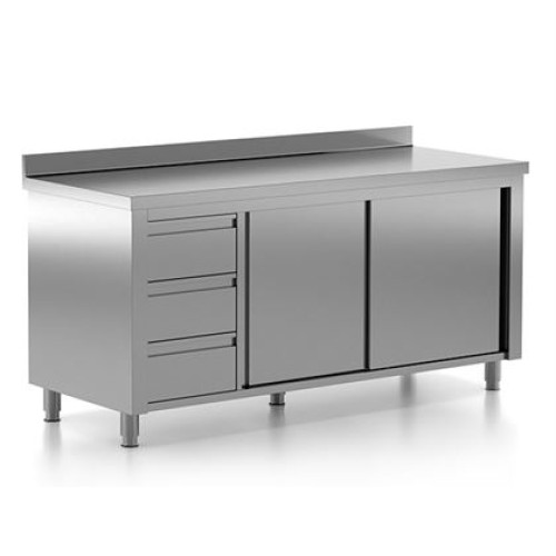 Masa inox de lucru, tip dulap cu usi glisante si 3 sertare, cu rebord, inox AISI304, dimensiuni 1700x700x880 mm