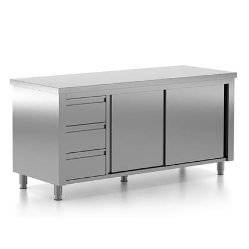 Masa inox de lucru, tip dulap cu usi glisante si 3 sertare, inox AISI304, dimensiuni 1800x700x880 mm