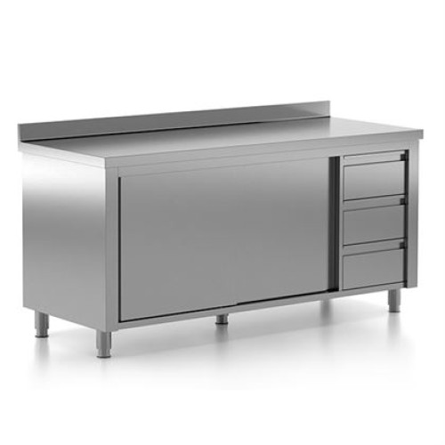 Masa inox de lucru, tip dulap cu usi glisante si 3 sertare, cu rebord, inox AISI304, dimensiuni 1800x700x880 mm